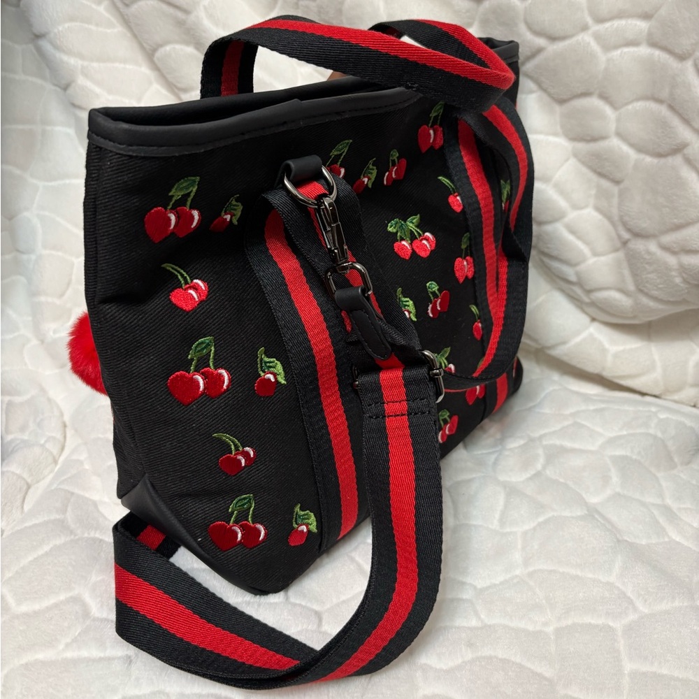 Betsey Johnson Cherry Embroidered Black Tote Bag with Cherry & teddy Charm - Picture 6 of 8